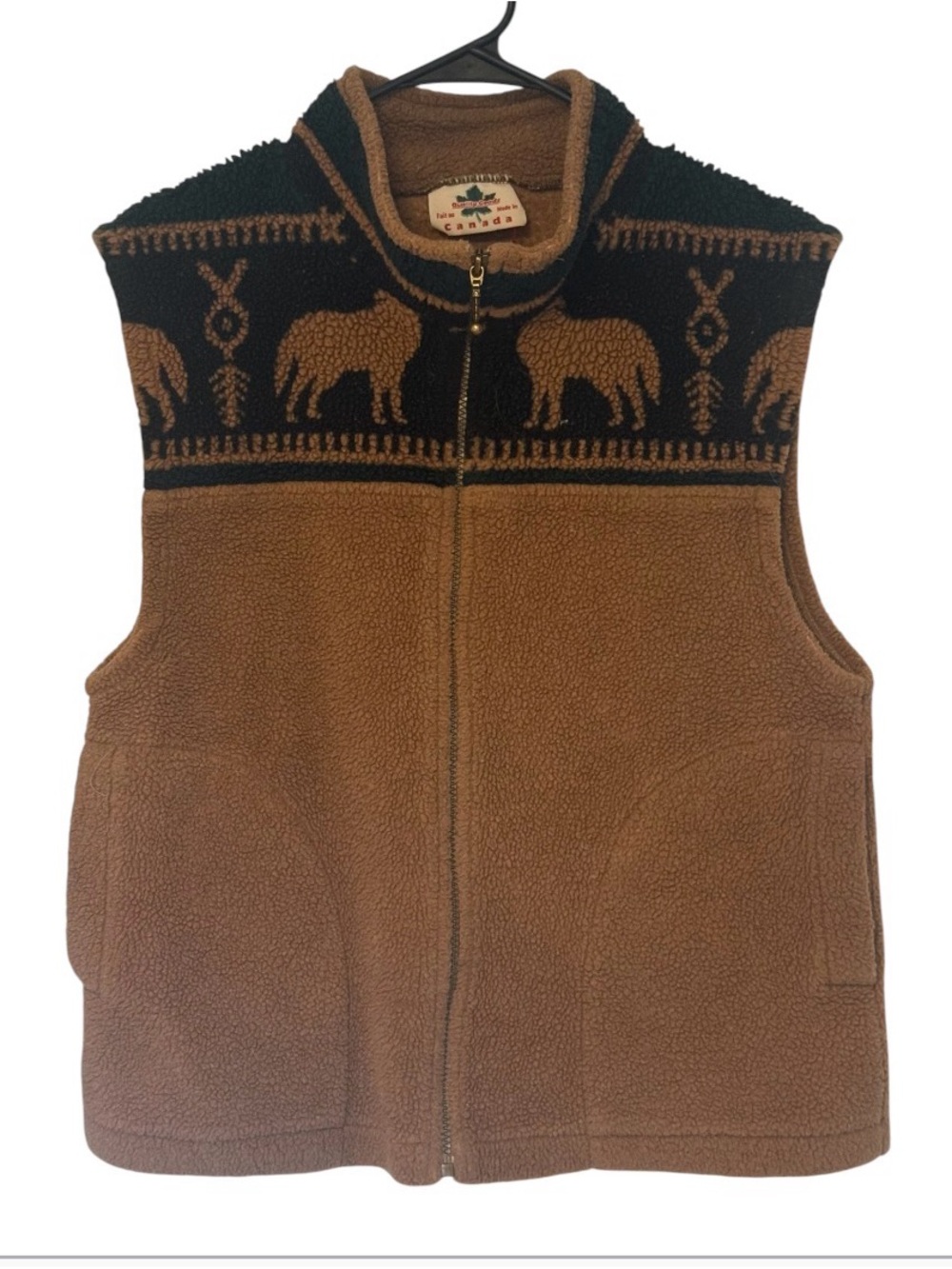 Quality Goods Vintage Classic Brown Fleece Vest with Black Bear Yoke SzM